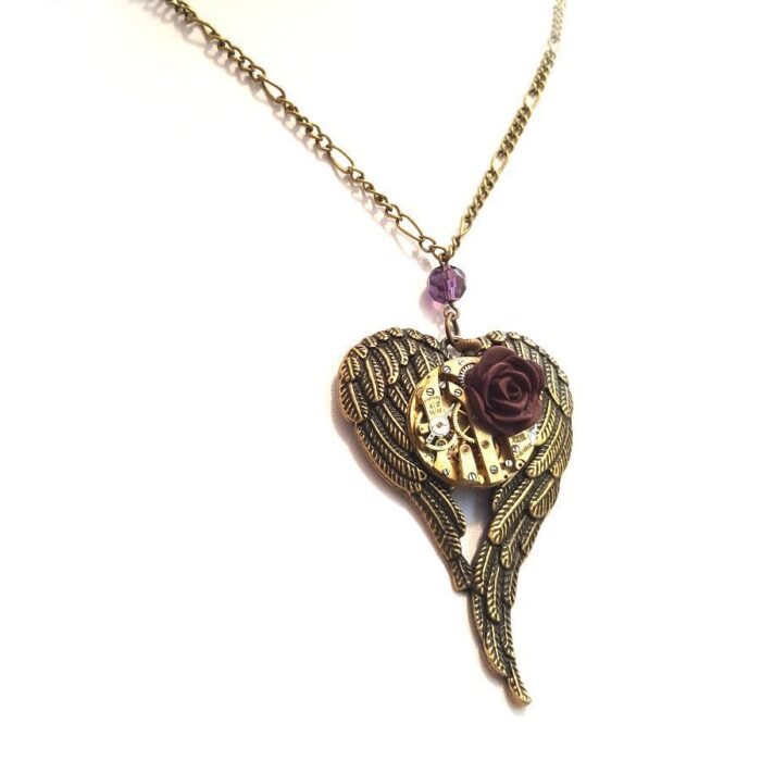 Angel Wings Necklace with Dark Rose