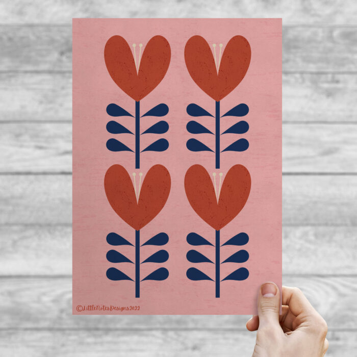 4 flowers in mid century geometric style in pink and red