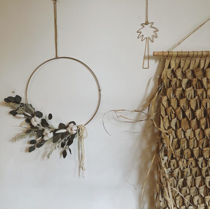 Preserved eucalyptus and cotton floral wreath